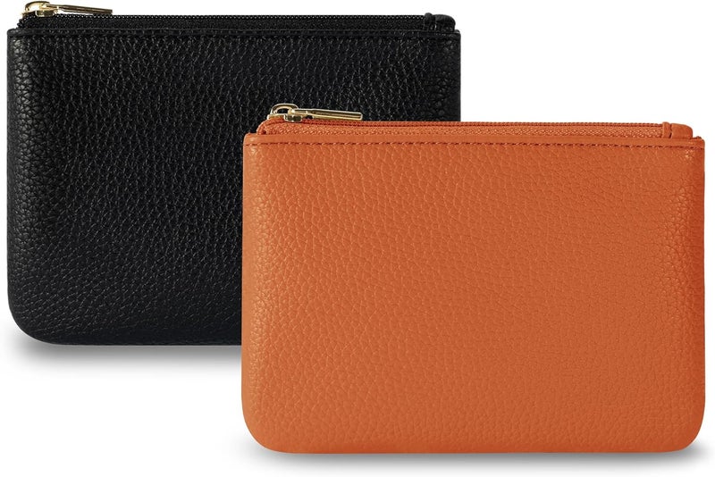 Chelmon PU Leather Coin Purse Pouch Change Holder Small With Zipper for Men Women 2 PCS Set (Black&Brown) - Image 1